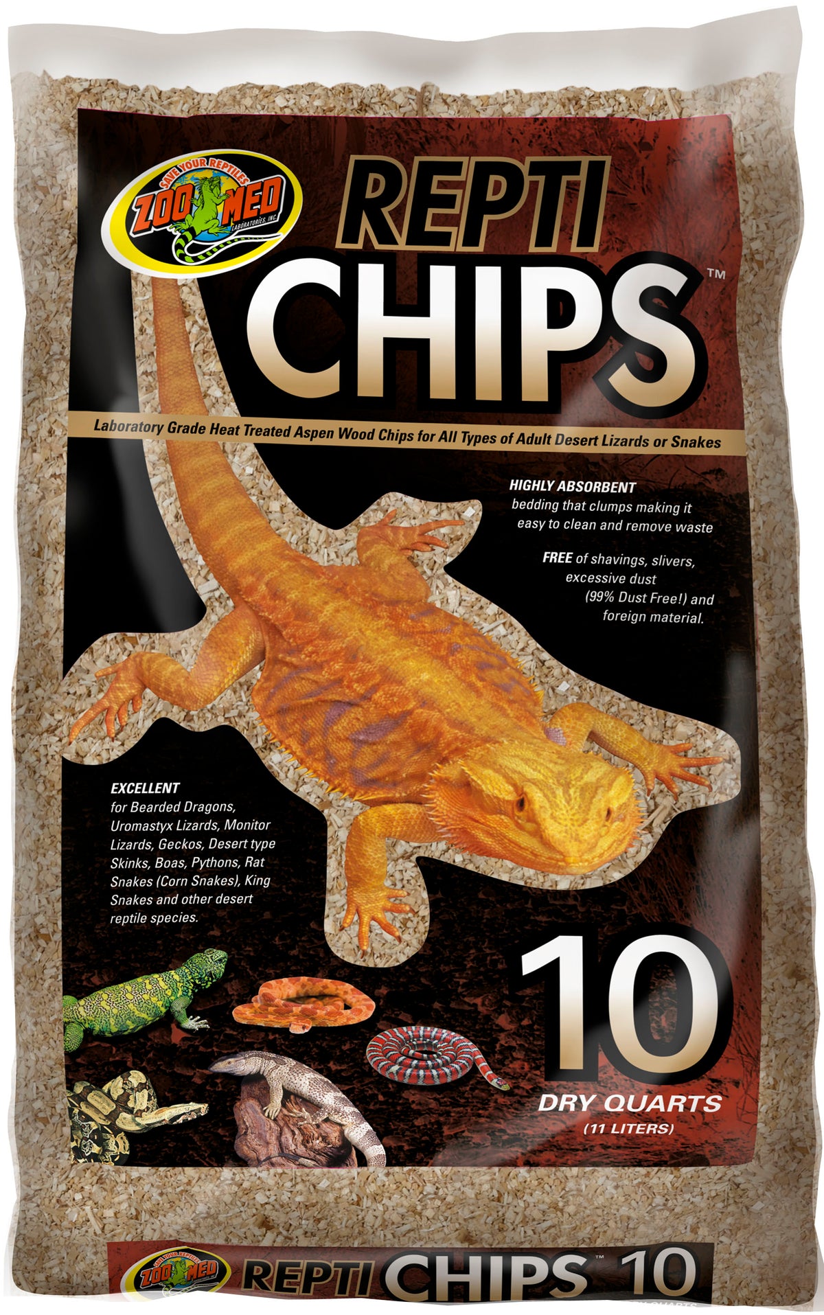 Packaged product: Zoo Med Repti Chips 10 dry quarts bag with wood chips and reptile images.