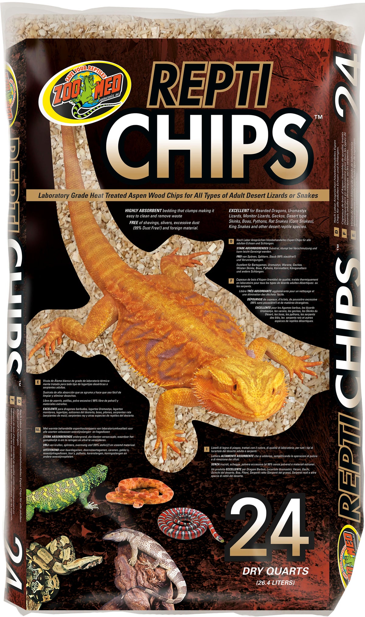 Packaged product: Zoo Med Repti Chips 24 dry quarts bag with lizard image on front.