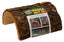 Packaged Habba Hut natural half log shelter with visible bark texture and label showing product name.