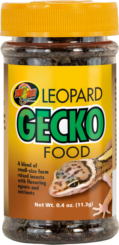 A yellow-capped jar of Zoo Med Leopard Gecko Food, 0.4 oz, showing a gecko image on the label.
