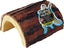 A packaged ceramic turtle shelter with a natural wood appearance and a label showing a turtle.