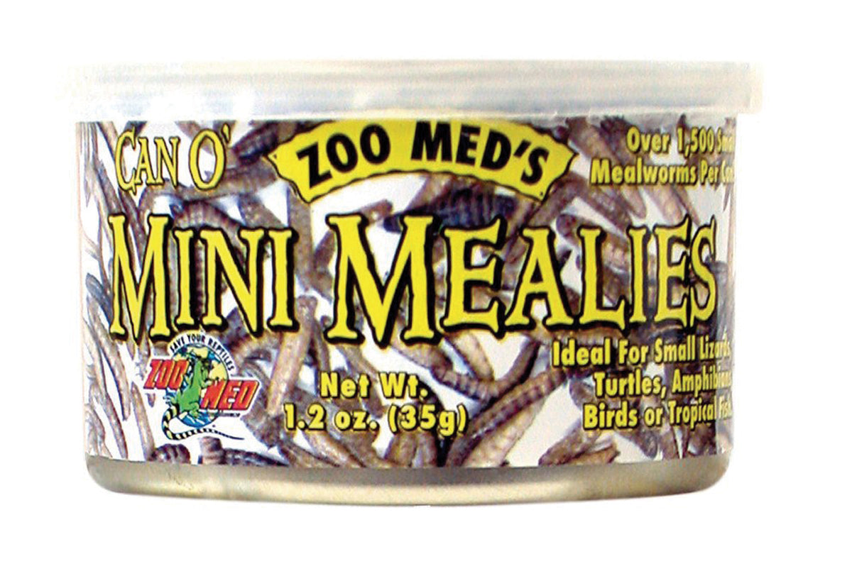 Front view of a packaged product: Zoo Med's Can O' Mini Mealies, 1.2 oz.