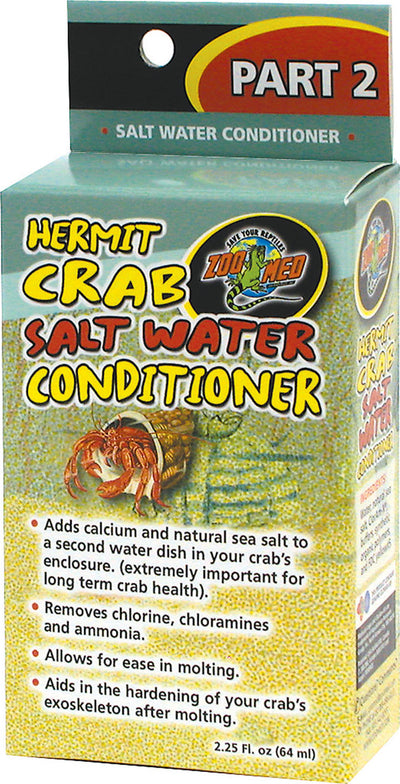 Packaged product: Hermit Crab Salt Water Conditioner Part 2, 2.25 fl oz, front view with crab illustration.