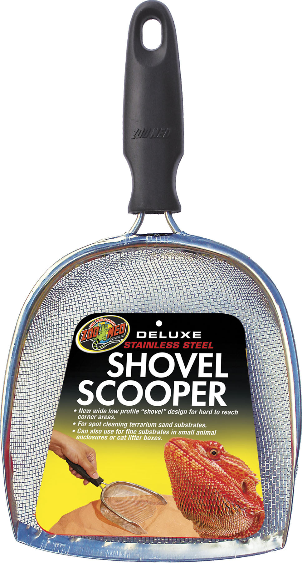 Packaged Zoo Med Deluxe Stainless Steel Shovel Scooper with black handle and mesh scoop.