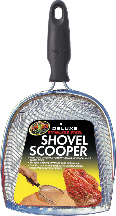 Packaged Zoo Med Deluxe Stainless Steel Shovel Scooper with black handle and mesh scoop.