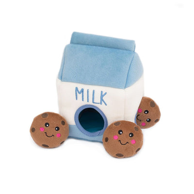 ZippyPaws - Food Buddies Burrow, Interactive Squeaky Hide and Seek Plush Dog Toy - Milk and Cookies