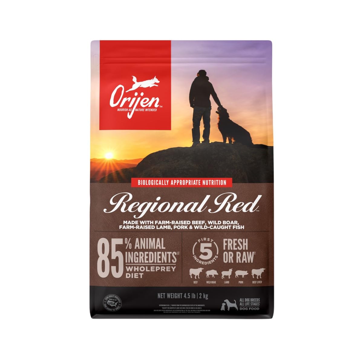 ORIJEN Regional RED Dry Dog Food, Grain Free and Poultry Free Dog Food, Fresh or Raw Ingredients, 4.5lb