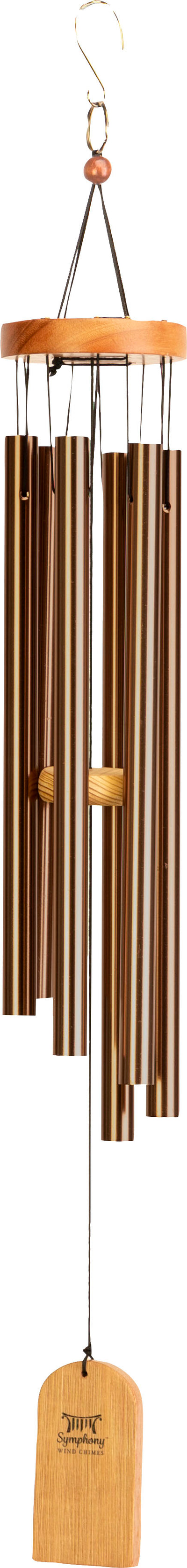 Symphony Wind Chime with bronze aluminum tubes, wooden top and tag, front view