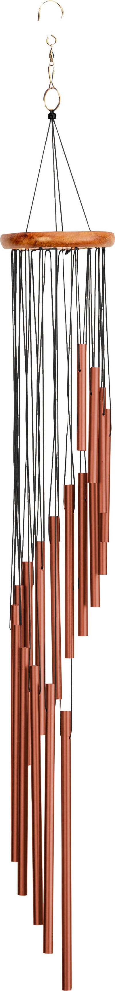Symphony Wind Chime with 18 copper tubes, 36-inch length, front view, hanging from a wooden ring.