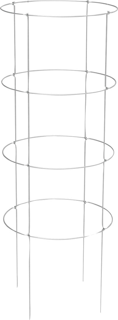 Front view of a galvanized metal plant support with four circular tiers and four vertical stakes.