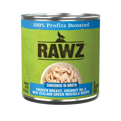 Rawz Natural Pet Food, Chicken Breast Coconut Oil & New Zealand Green Mussels Recipe Shredded in Broth Canned Dog Food, 10 Ounce