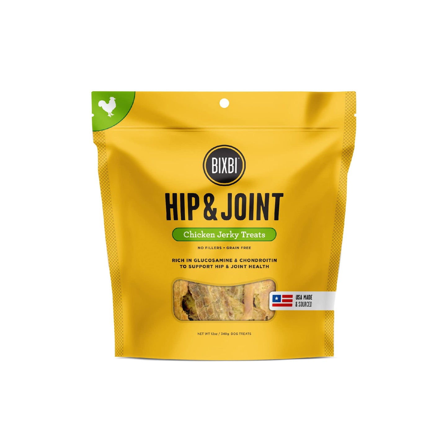 BIXBI Hip & Joint Support Chicken Jerky Dog Treats, 12 oz - USA Made Grain Free Dog Treats - Glucosamine, Chondroitin for Dogs - High in Protein, Antioxidant Rich, Whole Food Nutrition, No Fillers