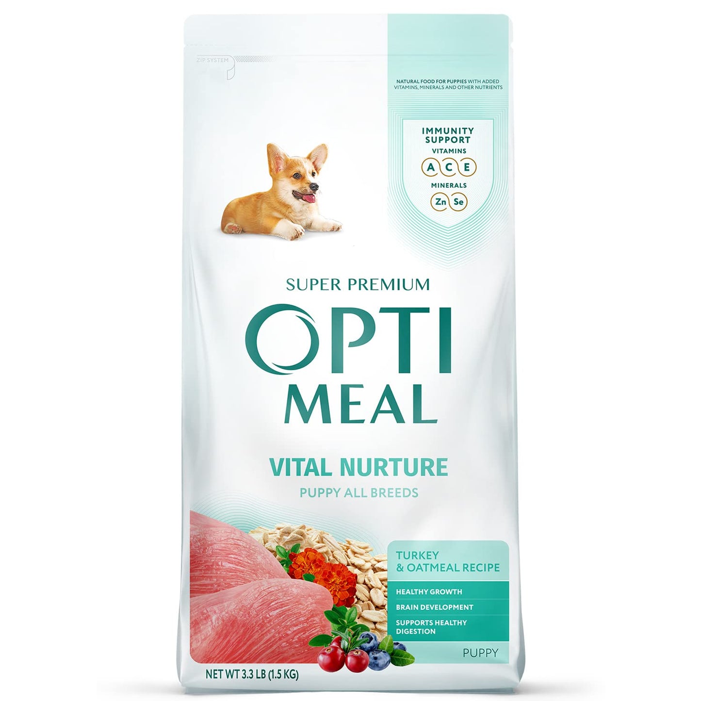 OPtimeal Natural Dog Food for Puppies - Proudly Ukrainian - Delicious Dry Puppy Food Recipe, Puppy Dog Food for Healthy Growth and Development (3.3 lbs, Turkey & Oatmeal)