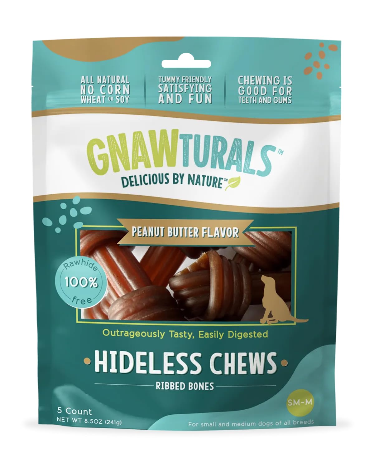 Gnawturals Hideless Chews for Dogs Easily Digestible Ribbed Knotted Bones Rawhide Free (Peanut Butter), 1 Count (Pack of 1)