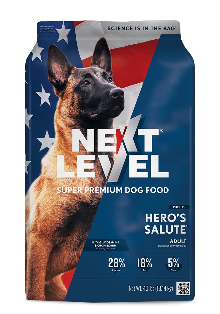 Next Level Super Premium Dog Food - Hero's Salute Adult Dry Dog Food Kibble All Breeds - 28% Protein, Fish, Chicken and Gluten Free Grains, Glucosamine & Chondroitin for Hip & Joint Health