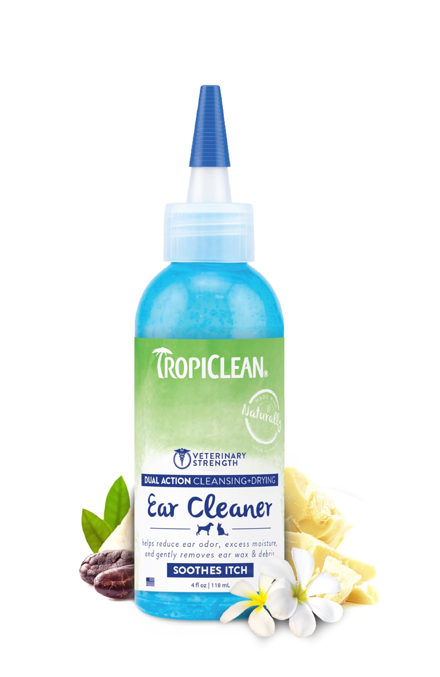 TropiClean Dog & Cat Ear Cleaner for Itch Relief | Ear Wash for Dogs & Cats | Ear Flush for Dogs & Cats | Natural Pet Ear Drops | Made in USA | 4 oz