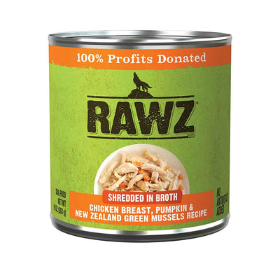 Rawz Natural Pet Food, Chicken Breast Pumpkin & New Zealand Green Mussels Recipe Shredded in Broth Canned Dog Food, 10 Ounce