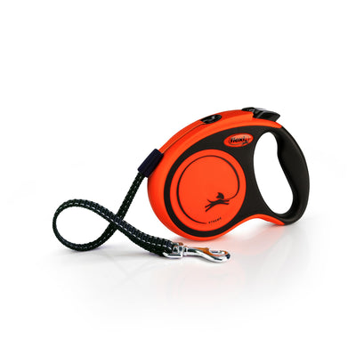 FLEXI New Classic Tape Retractable Dog Leash for Small Dogs Upto 44 lbs.- 16 ft.,Orange/Black | Tangle Free Pet Walking Leash with One-Handed Brake, Pause, Lock | German Quality Product