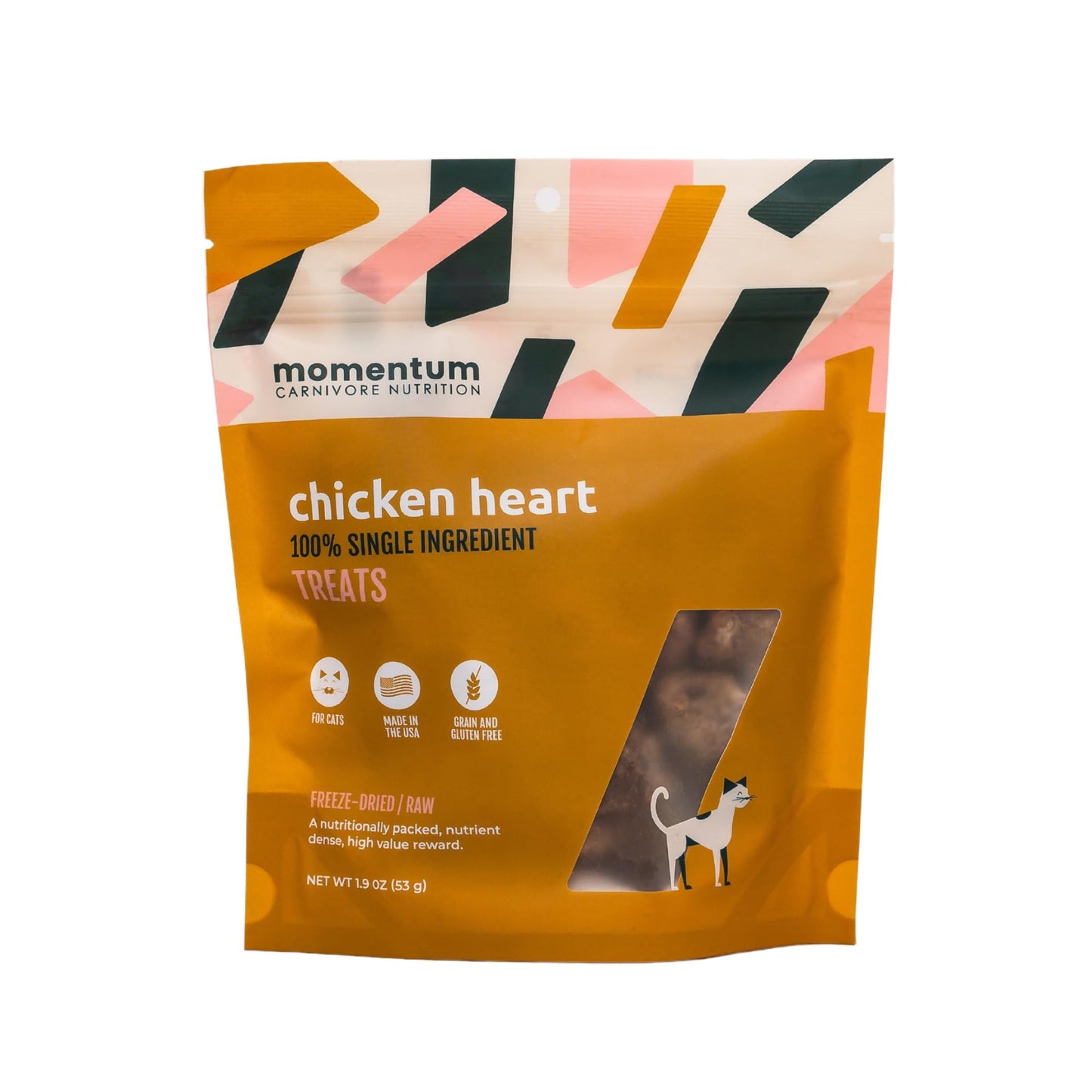 Momentum Carnivore Nutrition Freeze-Dried Chicken Heart - Single-Ingredient Raw Cat Treats - High-Protein, Grain-Free Snacks - 1.9 oz Bag