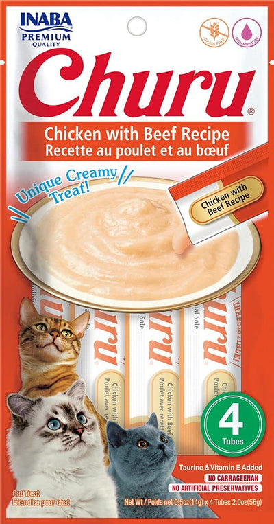 INABA Churu Chicken with Beef Recipe Natural Lickable Wet Treat for Cats (4 Tubes)