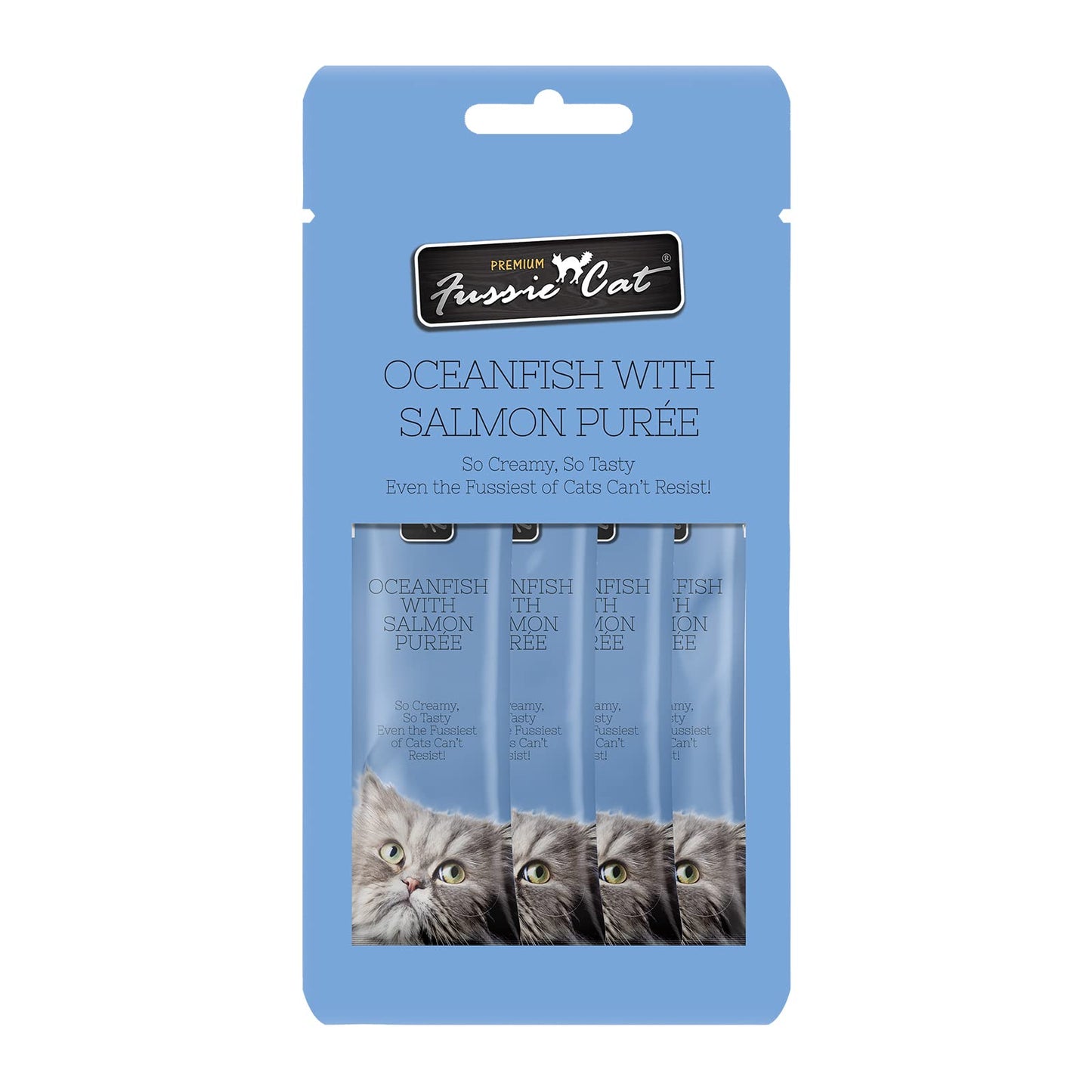 Fussie Cat Ocean Fish and Salmon Puree, lickable cat Treats, 0.5oz Pouch Pack of 4