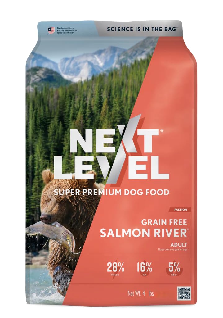 Next Level Super Premium Dog Food - Grain Free Salmon River - Dry Kibble for Dogs at All Life Stages of All Breeds - 28% Protein, Fish and Sweet Potato, Gluten Free Grains (4 Pound)