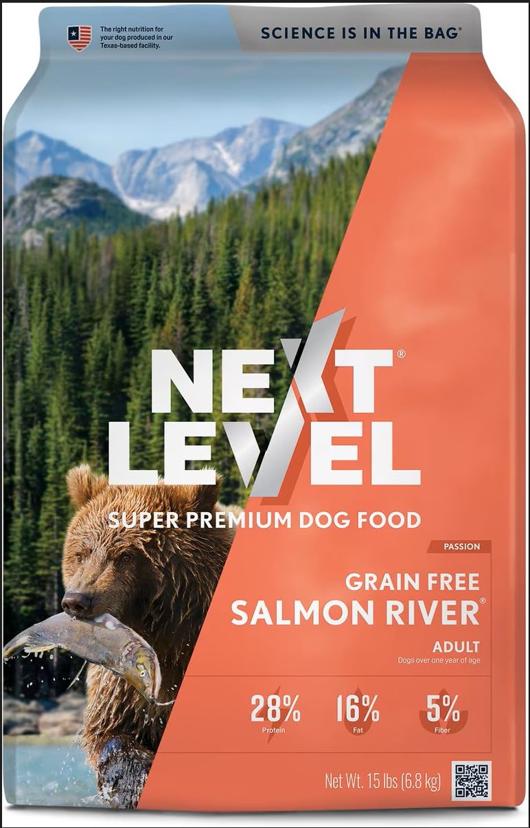 Next Level Super Premium Dog Food - Grain Free Salmon River - Dry Kibble for Dogs at All Life Stages of All Breeds - 28% Protein, Fish and Sweet Potato, Gluten Free Grains (15 Pound)