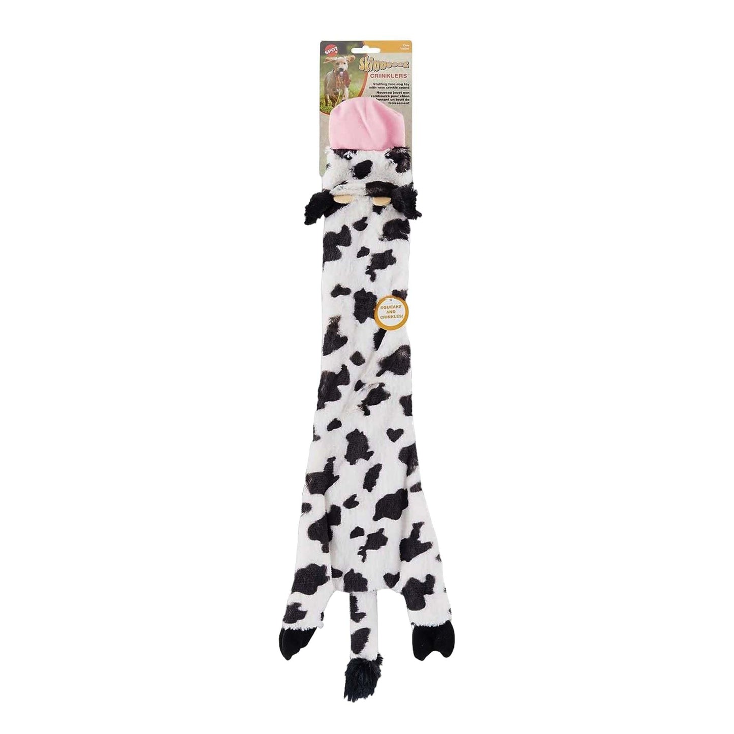 SPOT Skinneeez Crinklers | Stuffless Dog Toys with Squeaker For Small Dogs | Crinkle Toy For Small Puppies | 14" | Cow Design | By Ethical Pet