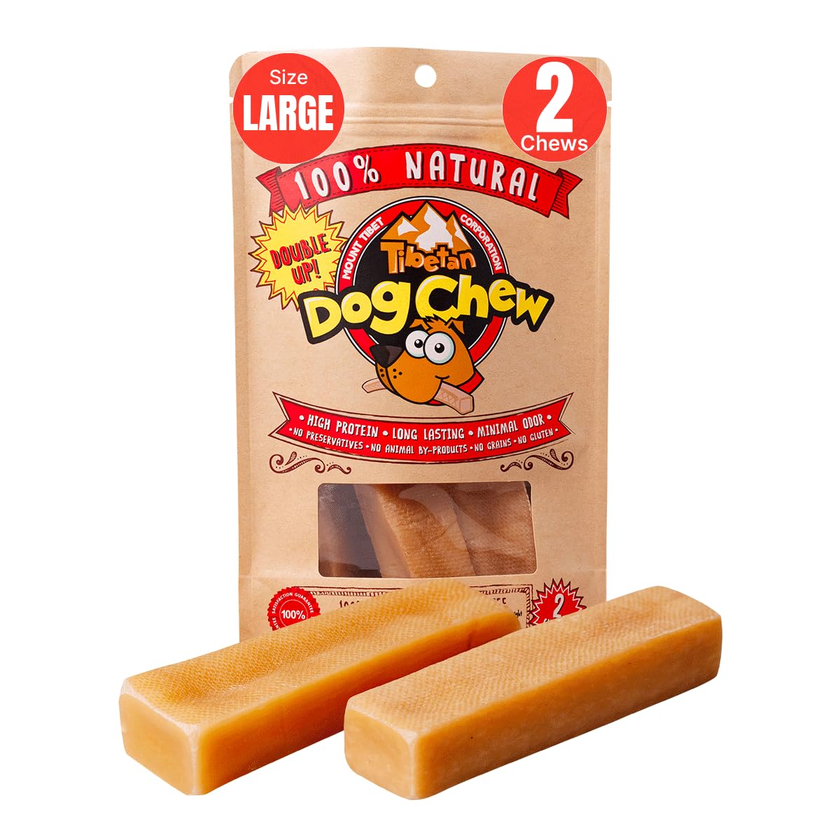 Tibetan Dog Chew Yak Cheese Sticks (2 Large Chews) - Handmade Treats for Large Dogs, Long-Lasting, Easy to Digest, Grain-Free, Gluten-Free, Supports Dental Health, for Aggressive Chewers