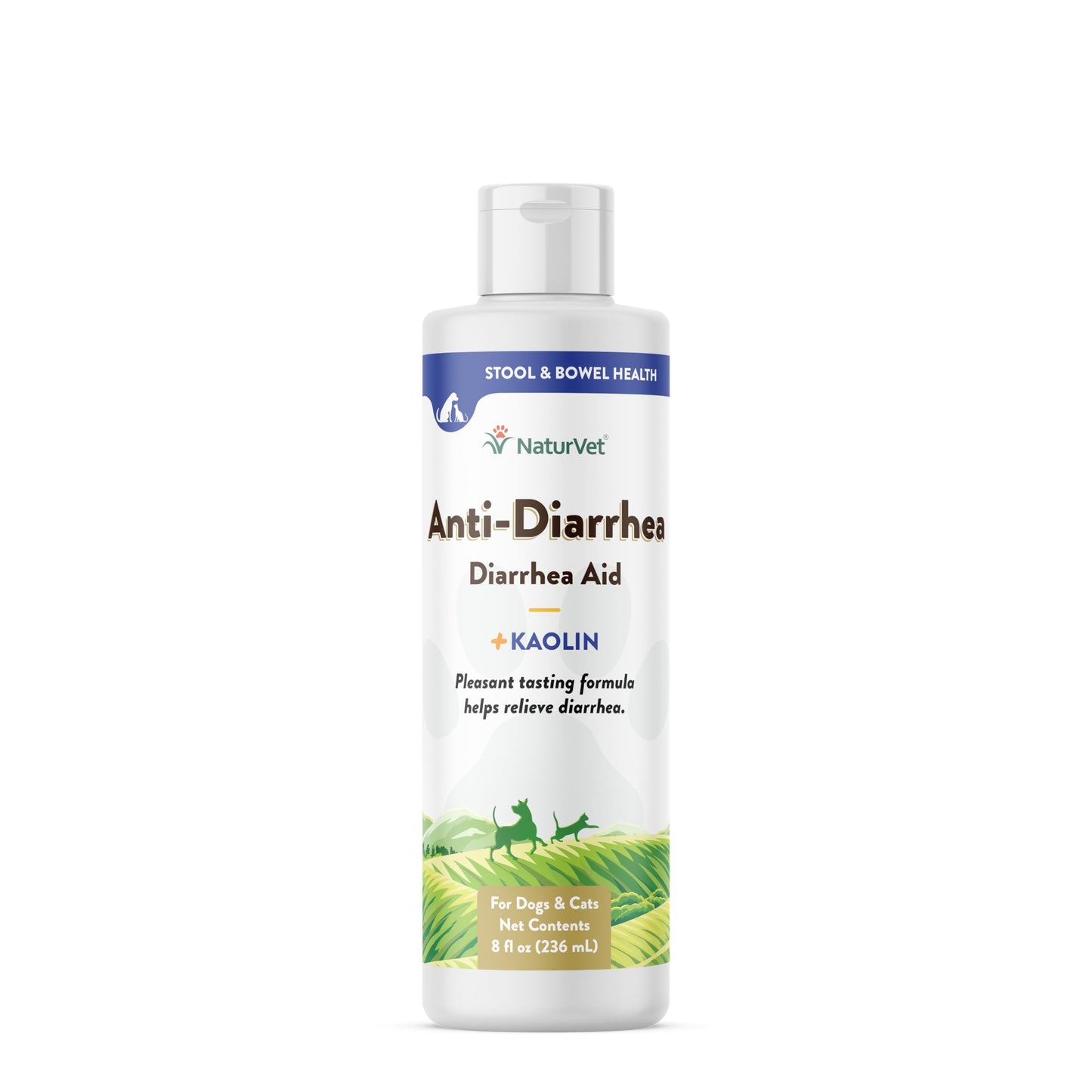 NaturVet Anti-Diarrhea Liquid Pet Supplement Plus Kaolin - Helps Alleviate Discomfort, Cramping, Irritation from Diarrhea for Dogs, Cats - Great Taste - 8 Oz.