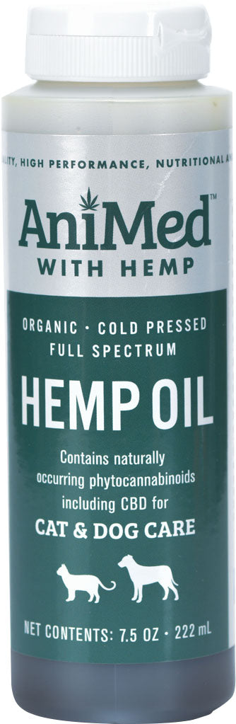 Front view of AniMed with Hemp organic cold pressed full spectrum hemp oil bottle for cats and dogs, 7.5 oz.
