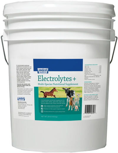 A white bucket with a blue and green label for SavAcafe Products Electrolytes + Multi-Species Nutritional Supplement, 25 lb.