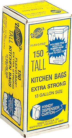 Yellow box of Warp's Flex-O-Bag 150 tall extra strong 13-gallon kitchen bags with dispenser carton.