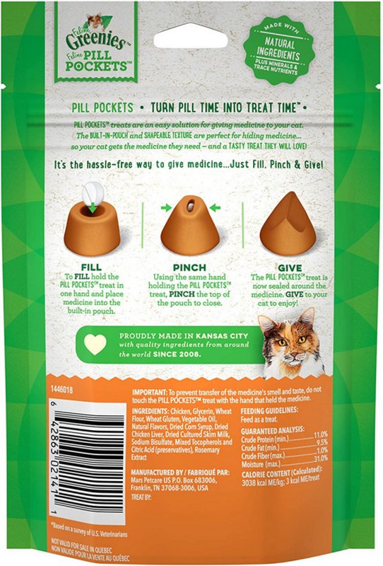 FELINE GREENIES PILL POCKETS for Cats Natural Soft Cat Treats, Chicken Flavor, 1.6 oz. Pack (45 Treats)