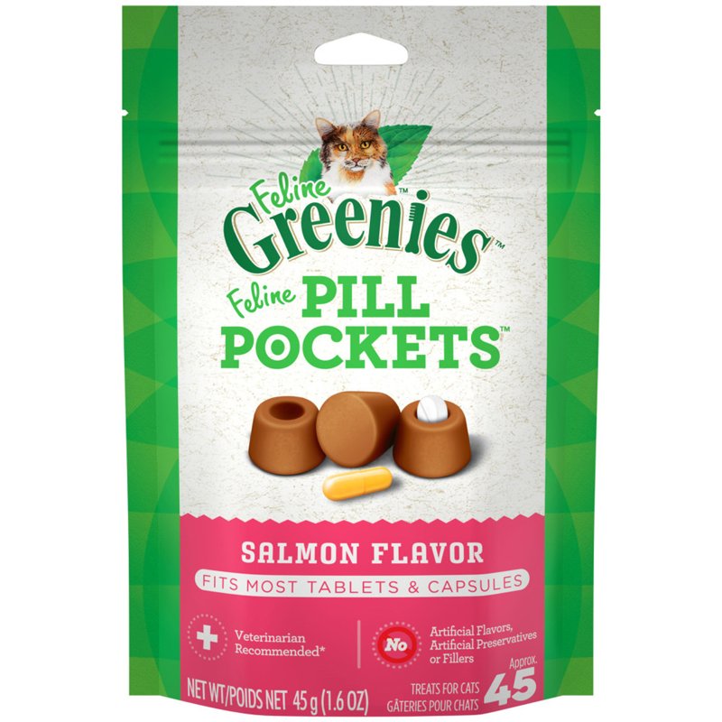 FELINE GREENIES PILL POCKETS for Cats Natural Soft Cat Treats, Salmon Flavor, 1.6 oz. Pack (45 Treats)