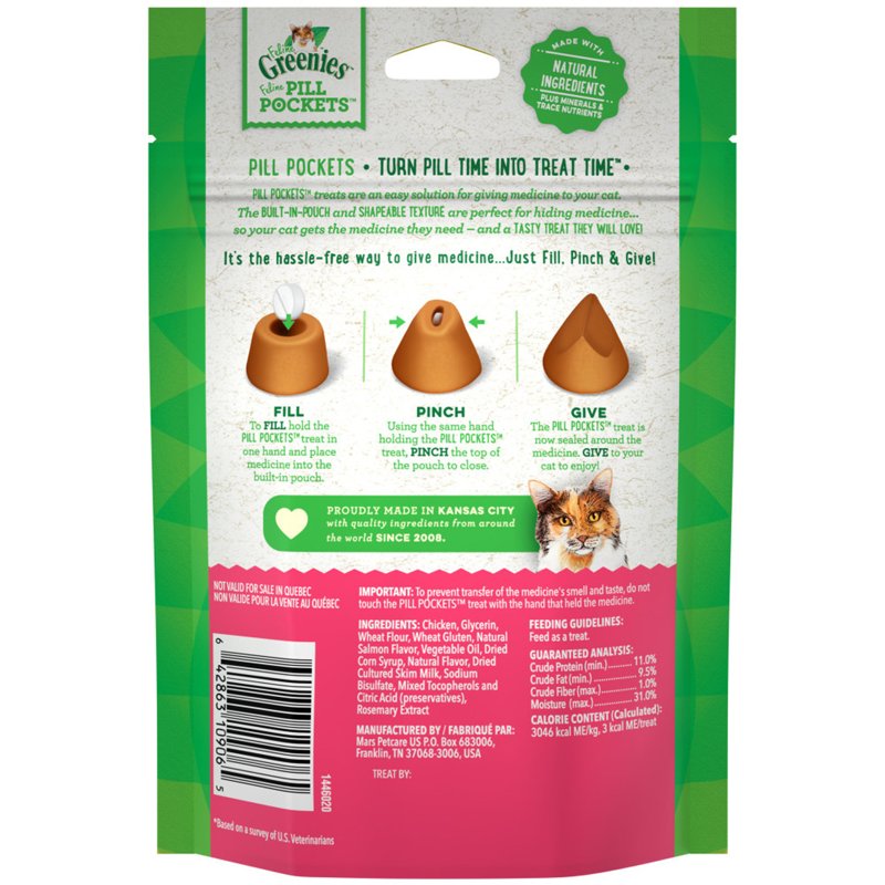 FELINE GREENIES PILL POCKETS for Cats Natural Soft Cat Treats, Salmon Flavor, 1.6 oz. Pack (45 Treats)