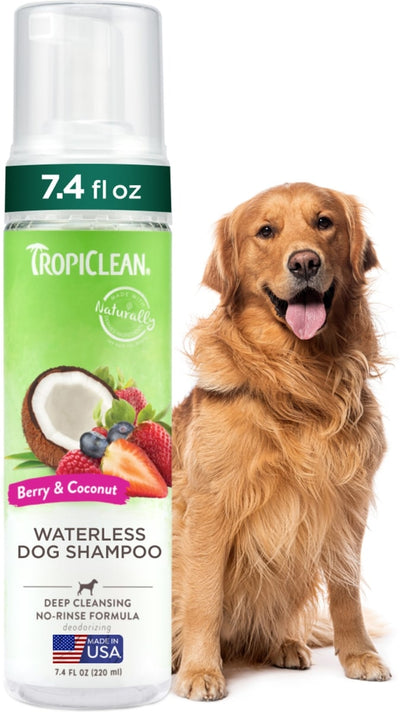 TropiClean Dry No Rinse Waterless Deep Cleaning Dog Shampoo, Berry Fresh Scent, 7.4 fl oz