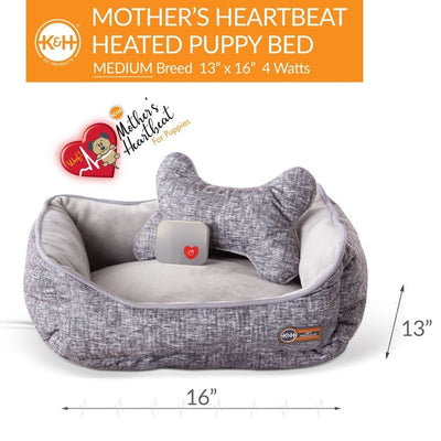 K&H Pet Products Mother's Heartbeat Heated Dog Bed with Bone Pillow Heartbeat Puppy Toy, New Puppy Essential Heated Puppy Bed + Dog Anxiety Toy - Gray 13 X 16 Inches w/ Medium Breed Heartbeat Rhythm