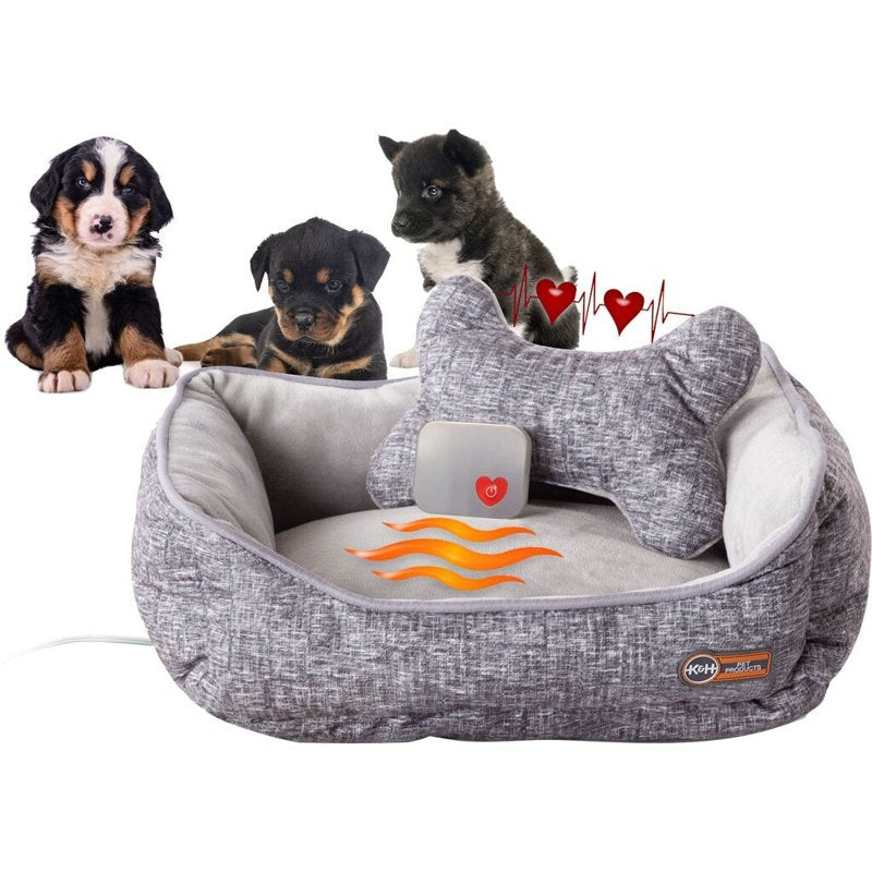 K&H Pet Products Mother's Heartbeat Heated Dog Bed with Bone Pillow Heartbeat Puppy Toy, New Puppy Essential Heated Puppy Bed + Dog Anxiety Toy - Gray 16 X 20 Inches w/ Large Breed Heartbeat Rhythm