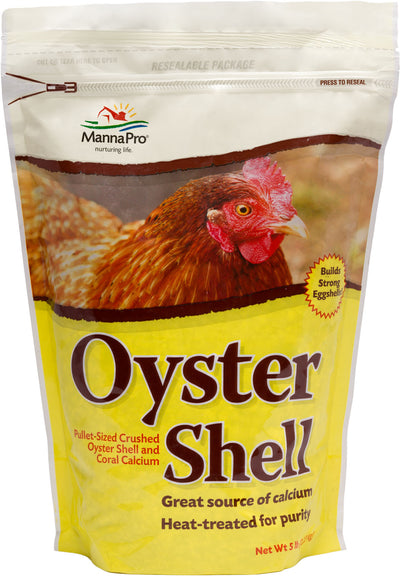 Front view of a resealable package of Manna Pro Oyster Shell in yellow and brown packaging.