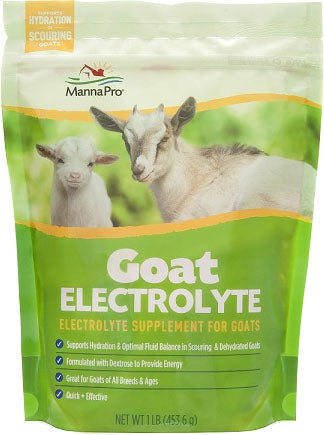 Front view of a green and white packaged MannaPro Goat Electrolyte supplement bag labeled 1 LB.