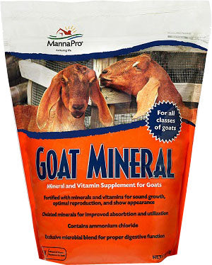 Front view of a Manna Pro Goat Mineral packaged product bag with two goats on the label.