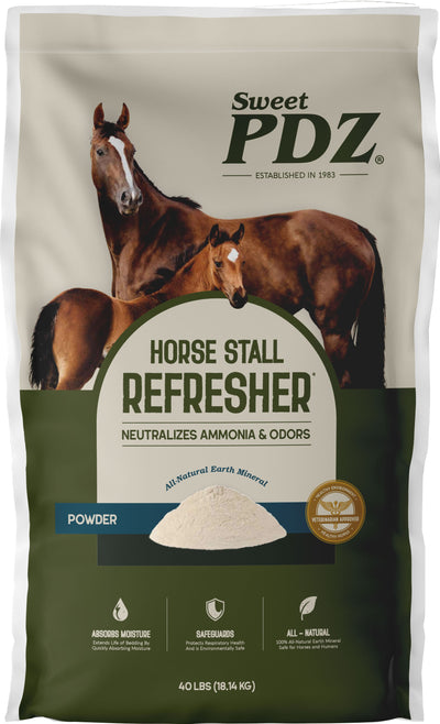 Front view of Sweet PDZ Horse Stall Refresher Powder package, 40 lbs, white powder.
