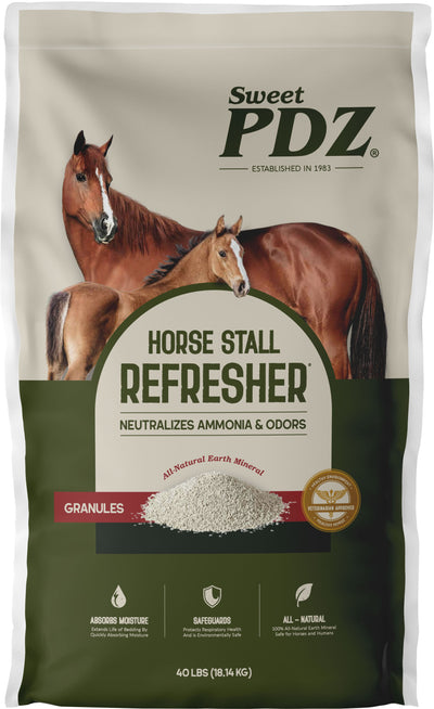 Front view of Sweet PDZ Horse Stall Refresher Granules package, 40 lbs, white granules visible.