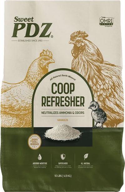 Front view of Sweet PDZ Coop Refresher Granular, 10 LB package with chickens and granules shown.