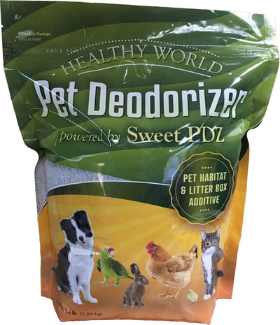Front view of a green and orange packaged product labeled Healthy World Pet Deodorizer, 3.5 lb.