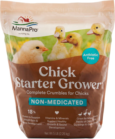 Front view of a brown and beige MannaPro Chick Starter Grower package with a blue 'Antibiotic Free' label.