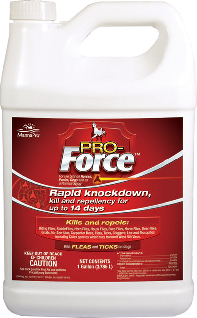 Front view of a white 1-gallon bottle with a red label for MannaPro Pro-Force Rapid Knockdown.