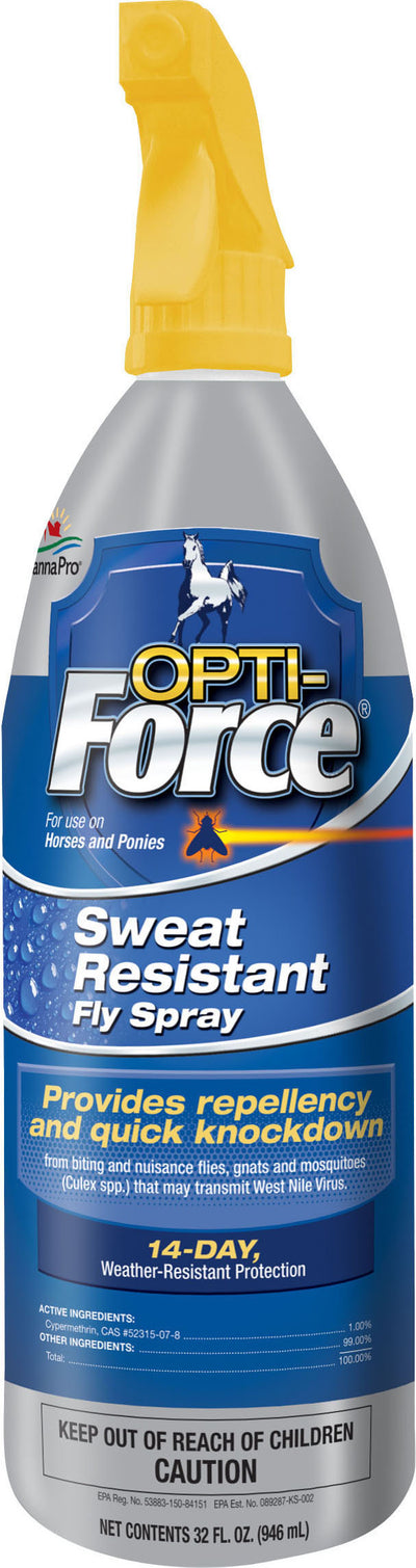 Front view of a packaged Opti-Force Sweat Resistant Fly Spray bottle with yellow spray cap.