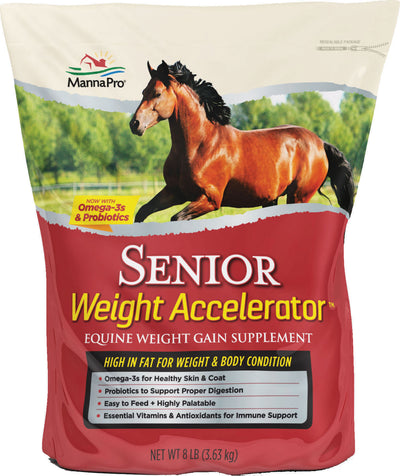 Front view of a red packaged product labeled MannaPro Senior Weight Accelerator, 8 LB.